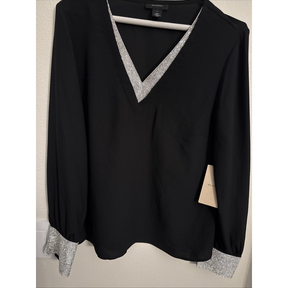 Halogen‎ Rhinestone V-Neck Top - Rich Black Long Sleeve Size 8 Date Night Dinner